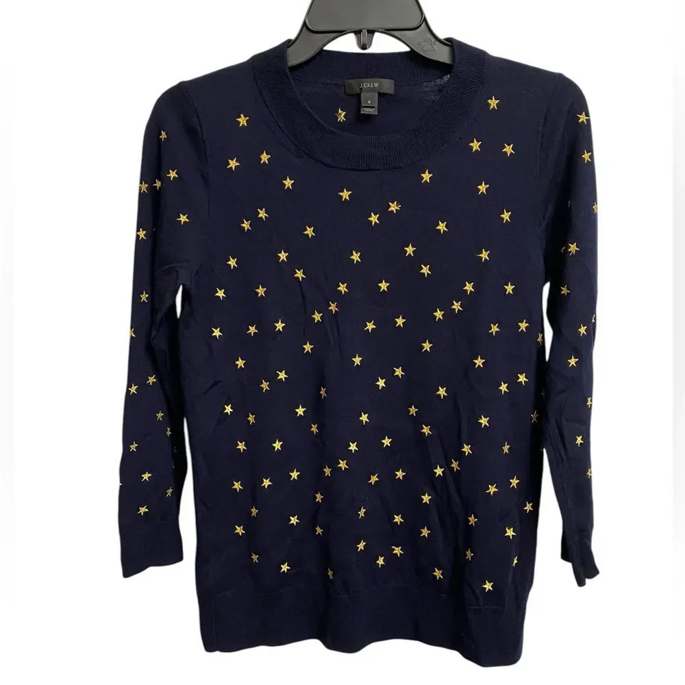 J. Crew Star Embroidered Merino Wool Sweater Women's S Navy Lightweight Preppy